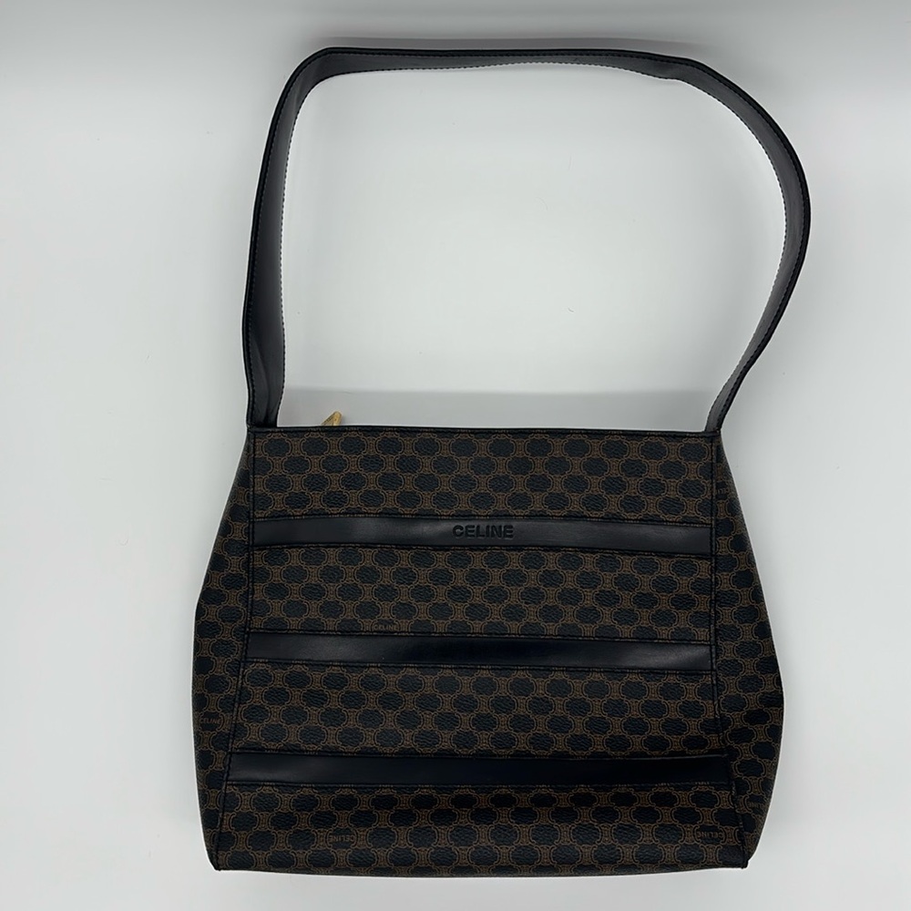 Celine Shoulder Bag‎ Macadam Women's Black Brown PVC Leather